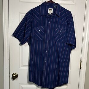 Ely Cattleman Blue and Red Striped Casual Pearl Snap Shirt